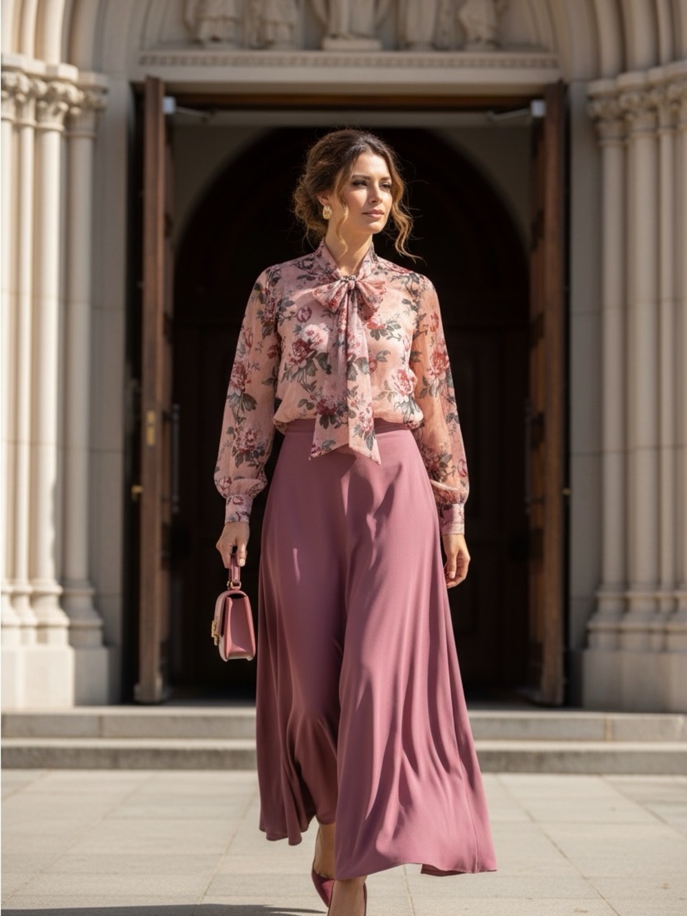 Floral Tie-Neck Blouse in Dusty Rose W/ Cami Size S